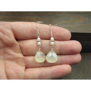 Sterling Silver Faceted Opaque Gem And Pearl Dangle Earrings Vintage Wedding
